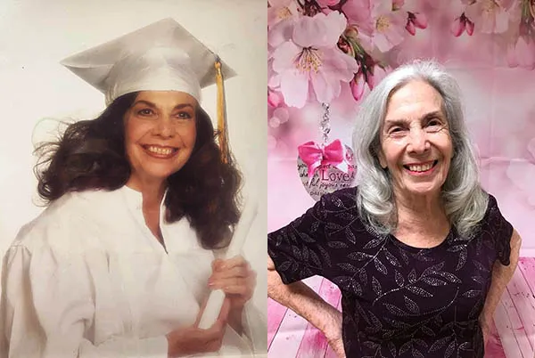 Two portraits of Elsa Rodriguez, at graduation and later in life