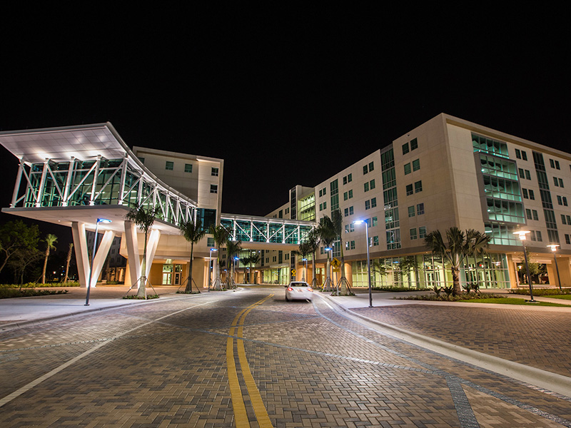 Front, night view of FIU Parkview Hall