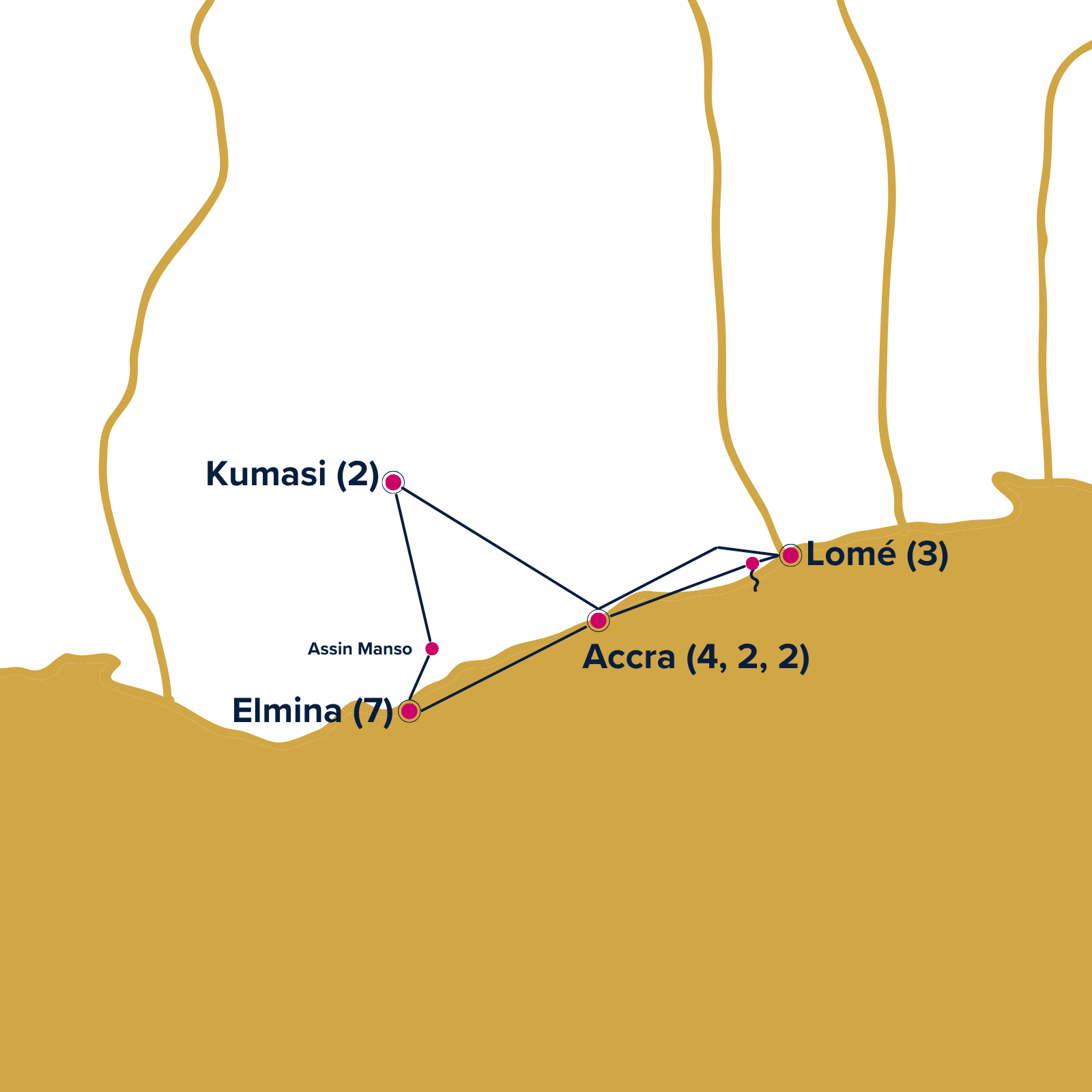 Map of Ghana and Togo with the itinerary for the study abroad program