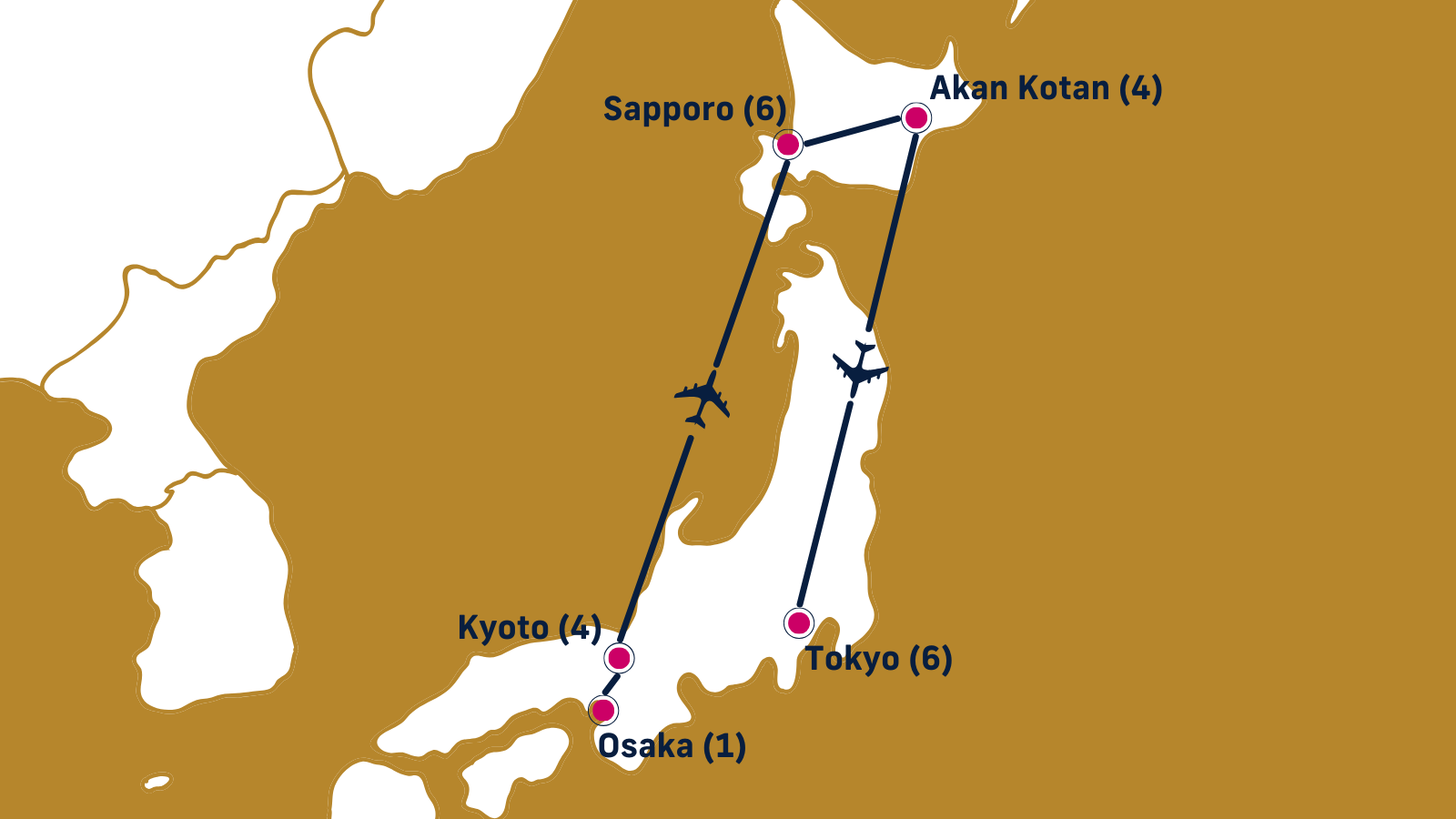 Map of Japan with points marking itinerary locations
