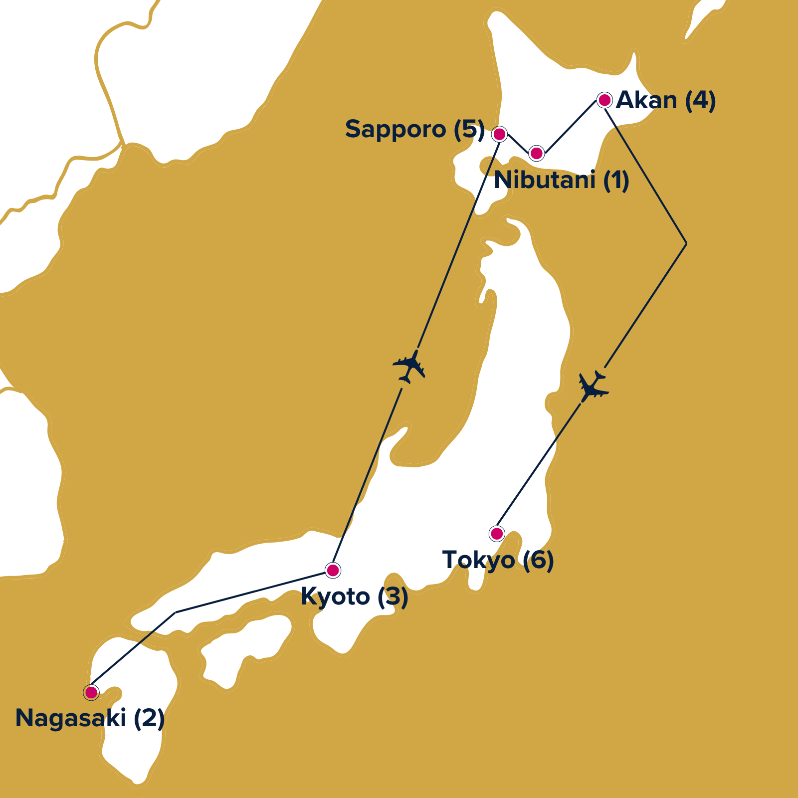 Map of Japan with points marking itinerary locations
