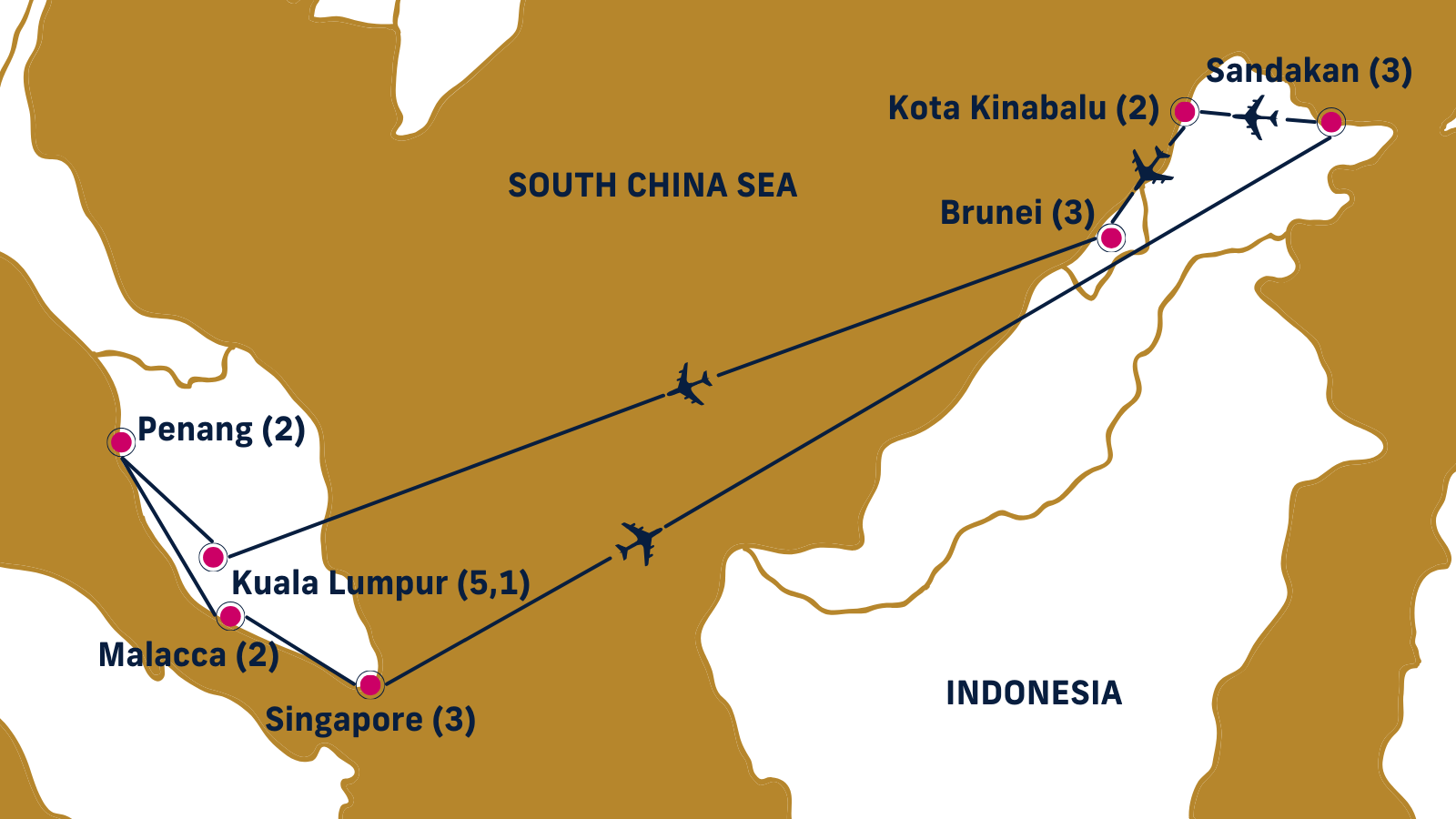 Map of Southeast Asia with points of interest from itinerary