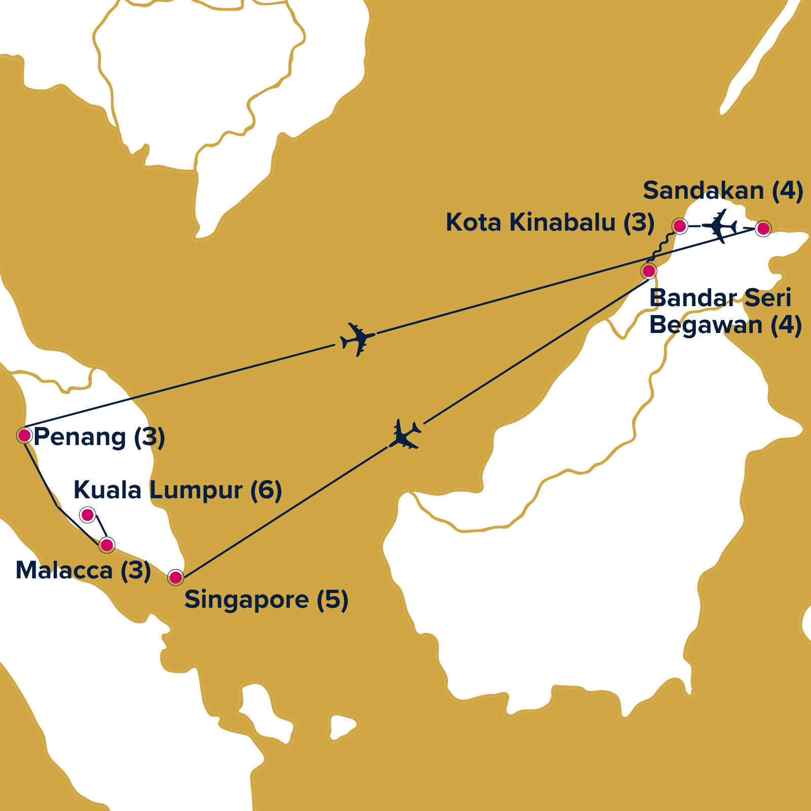 Map of Southeast Asia with points of interest from itinerary