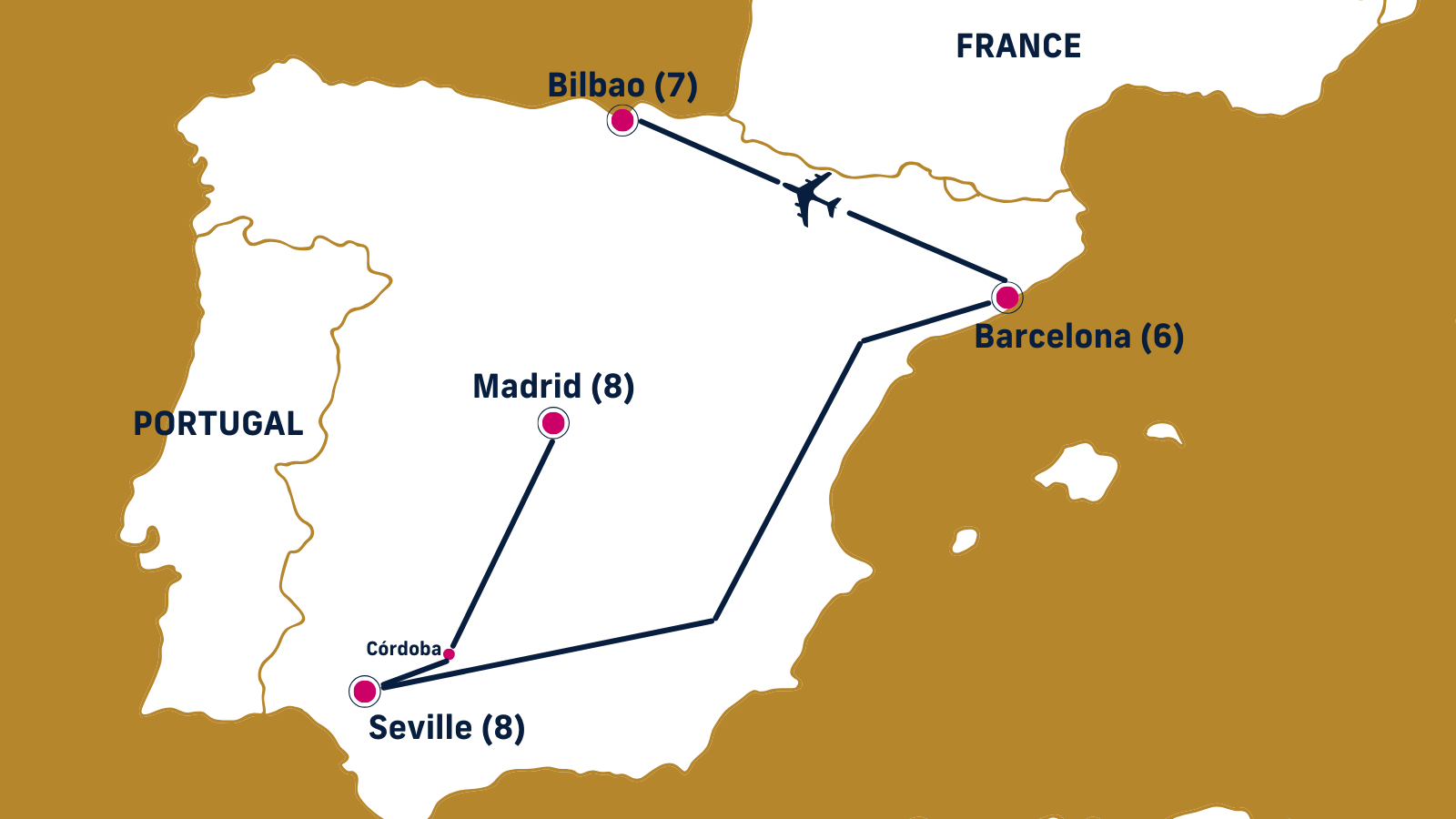 Map of Spain with points of interest from itinerary