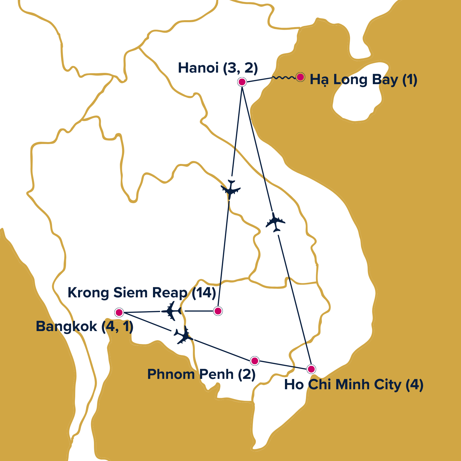 Map of Vietnam, Cambodia and Thailand with points of interest from itinerary