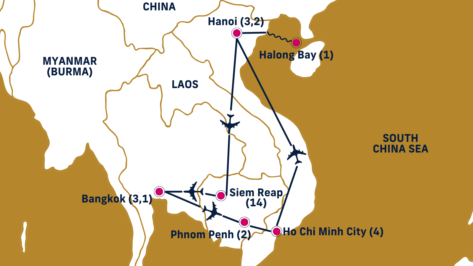 Map of Vietnam, Cambodia and Thailand with points of interest from itinerary